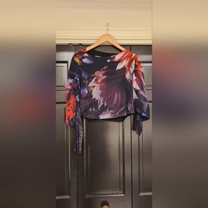 Bianca Spender Floral Cropped Blouse Puff Sleeves, Size 6